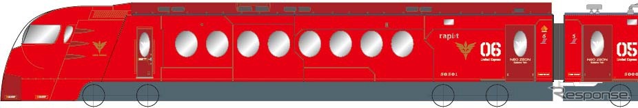 空港線開業・特急ラピート運行開始20周年を記念して4月26日から運転される赤い50000系。「ガンダムUC」とのタイアップ企画となる。