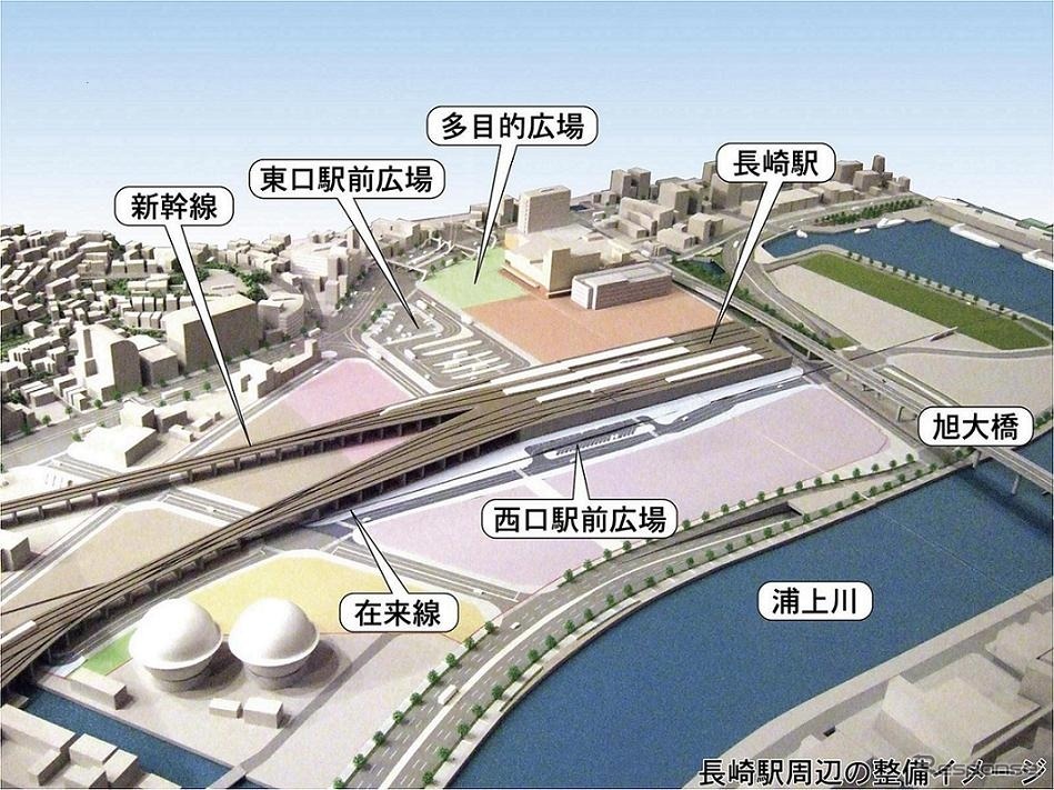 九州新幹線西九州ルート完成後の長崎駅とその周辺のイメージ図。武雄温泉～長崎間は2022年頃の完成が見込まれている。