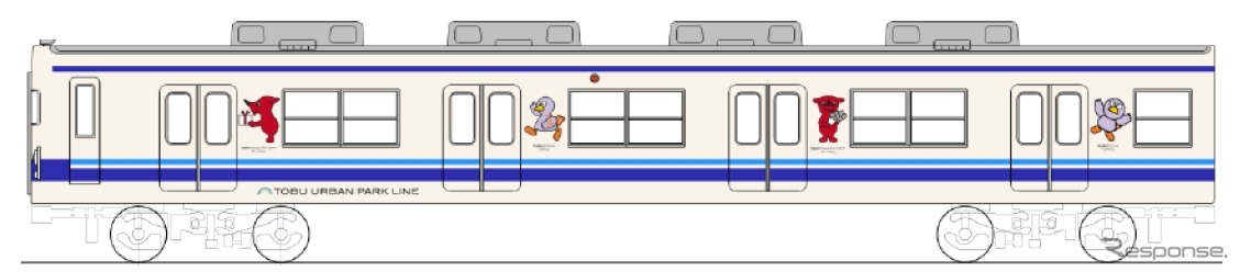 東武アーバンパークラインで4月26日から運転を開始する「コバトン＆チーバくん ラッピングトレイン」。8000系の車体を「コバトン」「チーバくん」のイラストで装飾する。