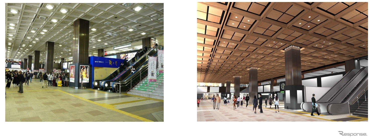 仙台駅の吹抜けコンコースの現状（左）と改修工事完成後イメージ（右）。工事期間は2015年3月までの予定。