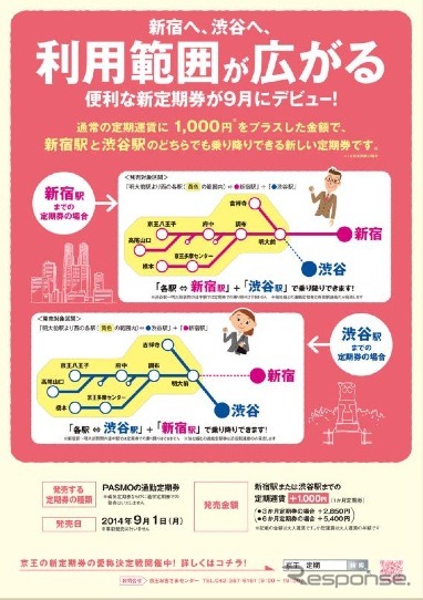 京王は、9月から発売する京王線新宿駅・井の頭線渋谷駅のどちらでも乗り降りできる定期券の愛称を決める「みんなで選ぼう！愛称決定戦」を始めた。画像は告知のチラシ