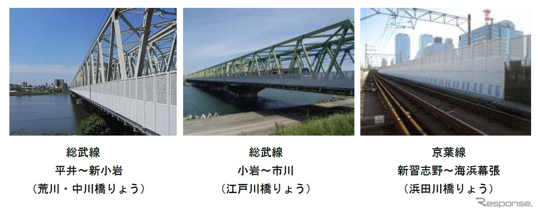 総武線と京葉線の3カ所に整備された防風柵。5月30日の初発から使用を開始する。