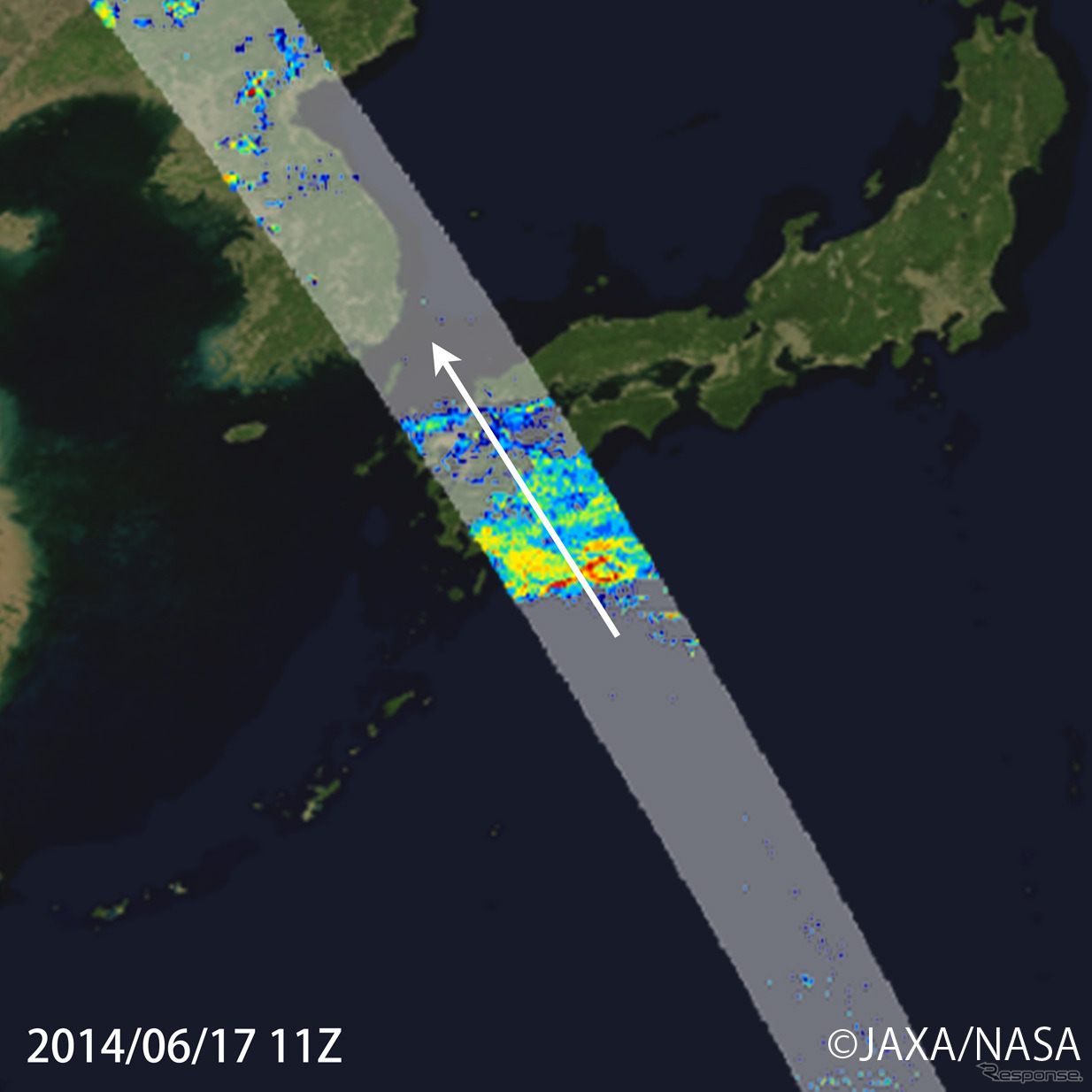 2014年6月17日、20時ごろ台風7号の九州接近の際、DPR地表面降水量を観測した画像