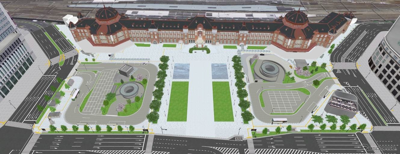 2017年春の完成を目指す東京駅丸の内駅前広場のイメージ。駅前広場の中央部に広大な歩行者空間を整備し、その両側に交通広場を配置する。