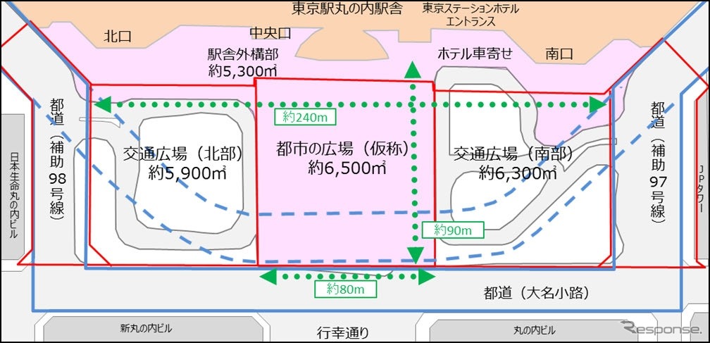 駅間広場の配置図。広場内を通っている都道を広場外周に再整備する。