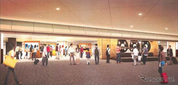 2014年末から先行的に使用を開始する予定の地下南口待合広場（仮称）のイメージ。地下北口にあるC62形蒸気機関車の動輪を地下南口待合広場に移す。