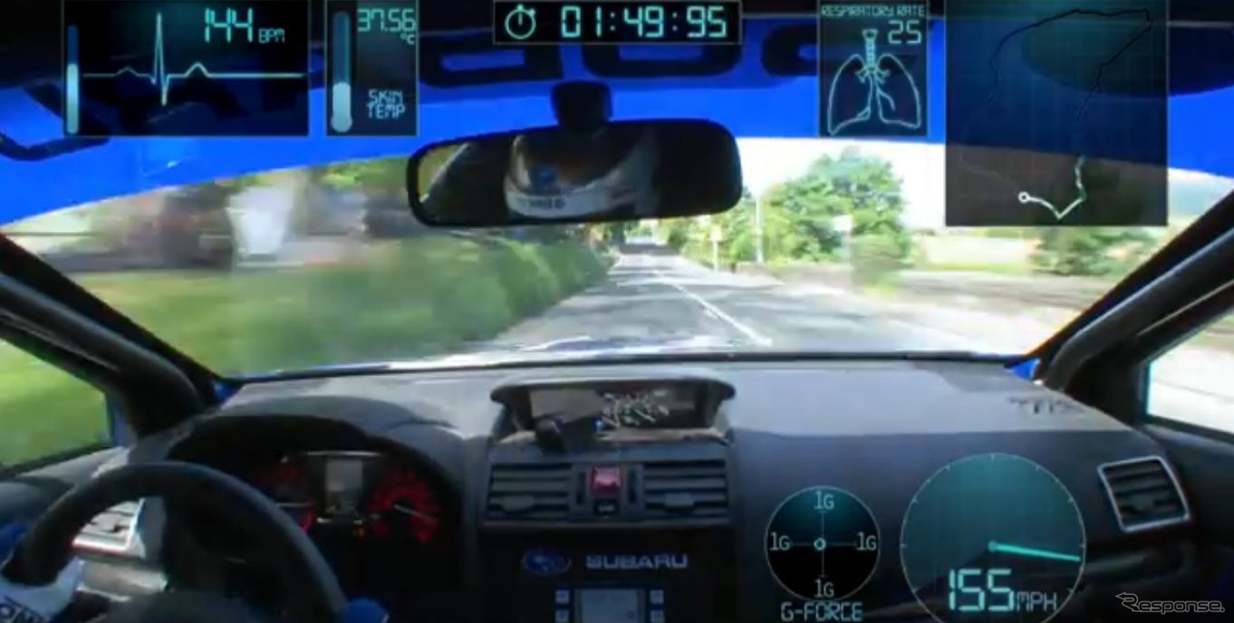 新型スバル WRX STI の英マン島一周チャレンジ。速度計は155マイル（約250km）/hを示す