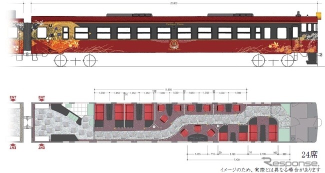 2号車の現時点でのレイアウトイメージ。和風個室を設けるほか「おもてなしの空間」として出入口付近のスペースを広く取り、車内販売を行う。