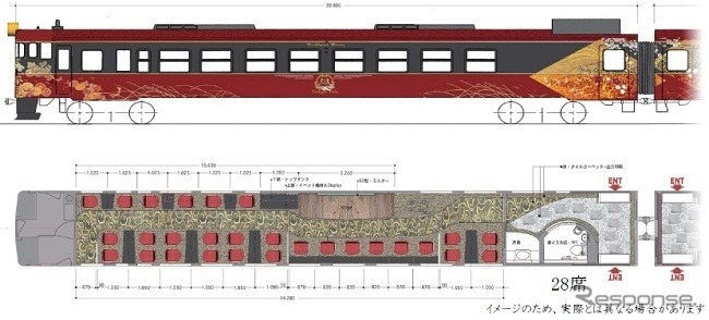 1号車の現時点でのレイアウトイメージ。座席は28席設ける。イベントスペースや大型モニターも設置し、車内でパフォーマンスを行う予定。