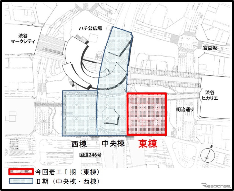 渋谷駅街区開発計画の位置図。東棟の工事が8月から本格的に始まる。