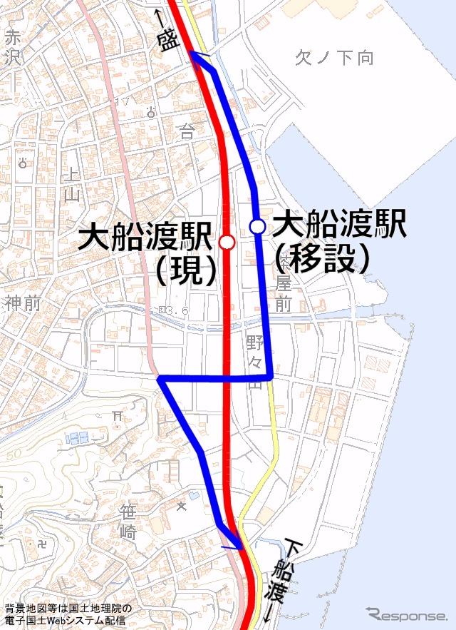 大船渡駅付近の路線図。現在は専用道（赤）を走行しているが、8月5日から一般道（青）経由に変更される。