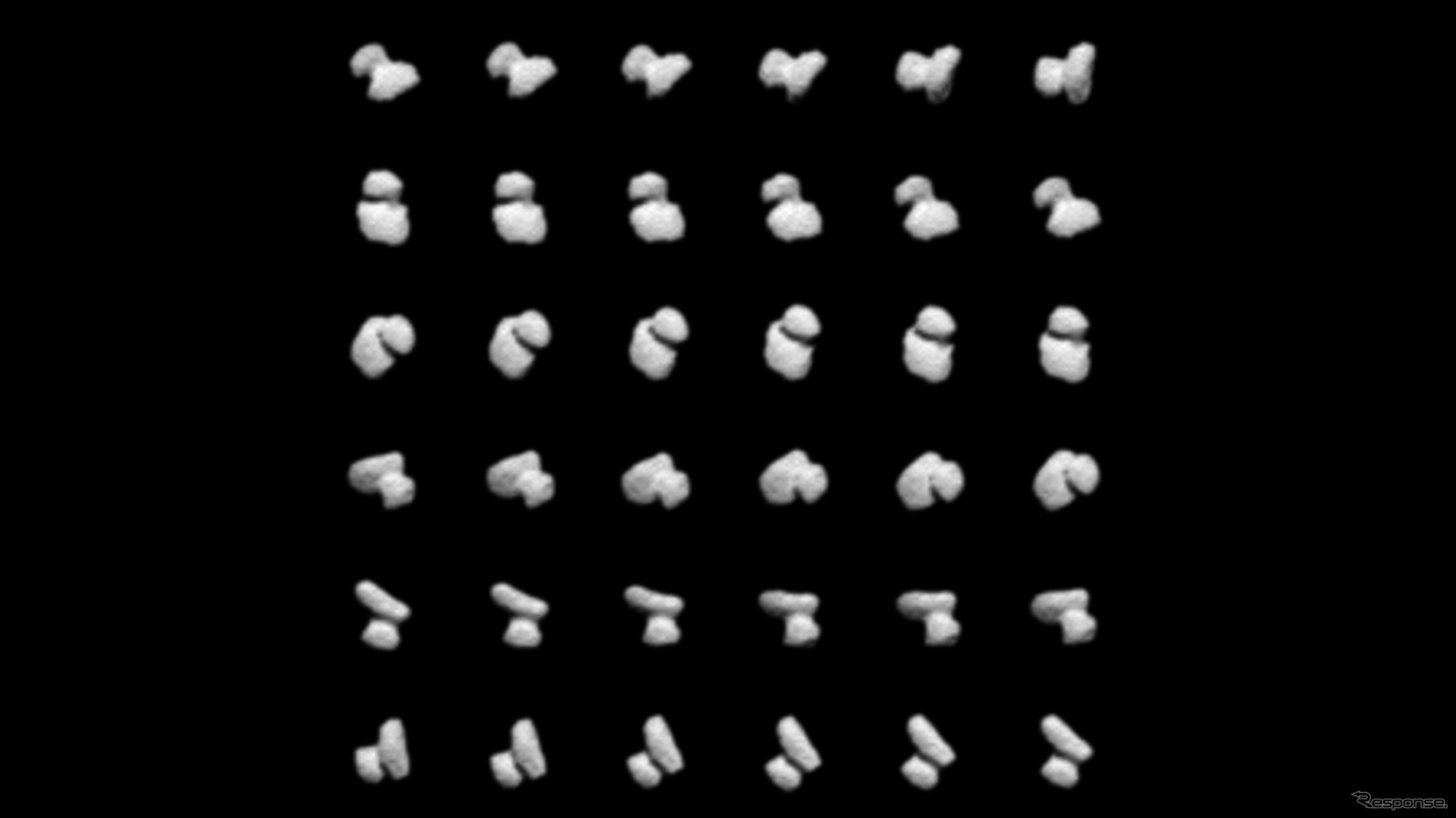 ロゼッタ探査機のOSIRISカメラが2014年7月14日、67P/チュリュモフ・ゲラシメンコ彗星に接近し20分間隔で36枚撮影した最新の画像。