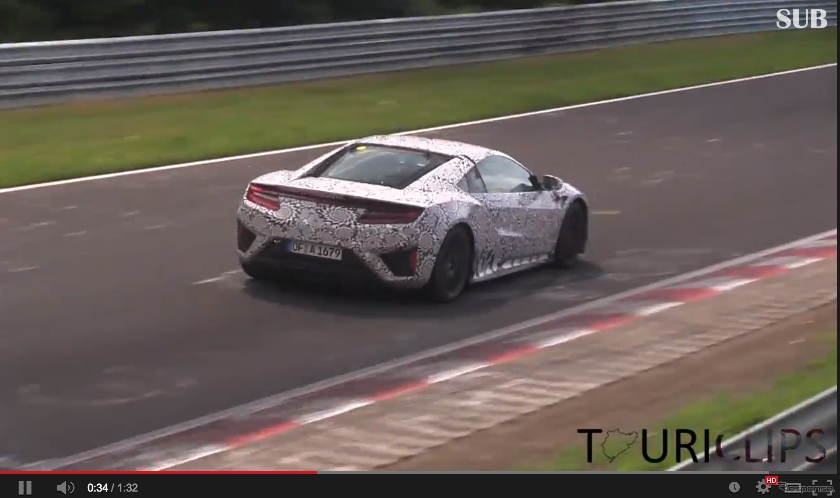 独ニュルブルクリンクでテスト走行をおこなうホンダ次期NSXのプロトタイプ（Youtubeスクリーンショット）