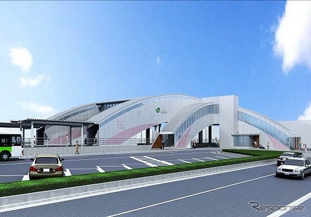 9月27日から橋上化される内野駅舎の完成イメージ。駅舎の屋根は「日本海の重なり合う波」を表現しているという。