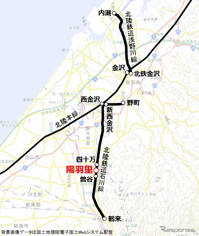 陽羽里駅の位置。石川線の四十万～曽谷間に設けられる。