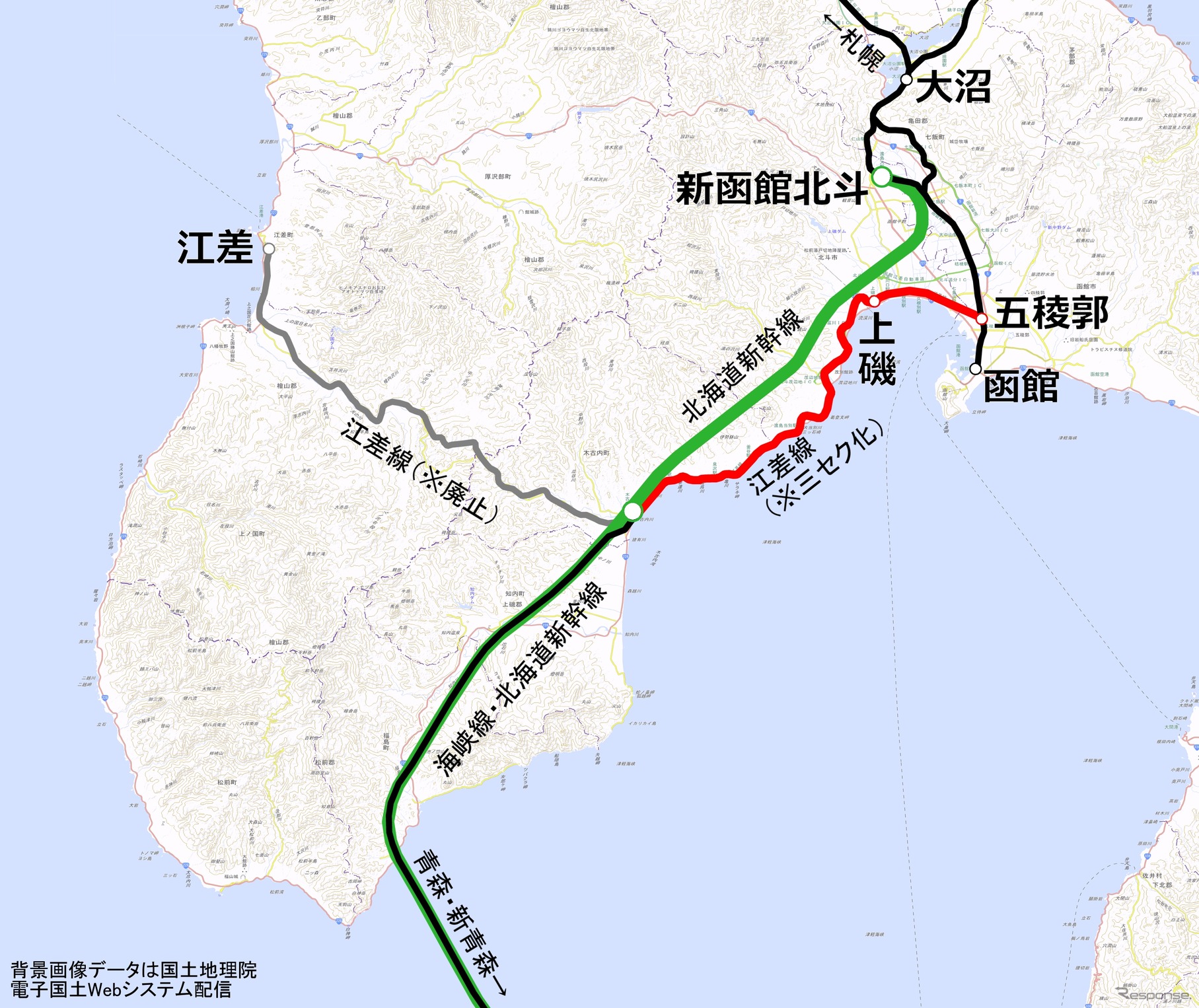 三セク会社が引き継ぐ江差線（赤）とその周辺のJR線。三セク会社の列車は函館本線に乗り入れて函館駅まで運転する。