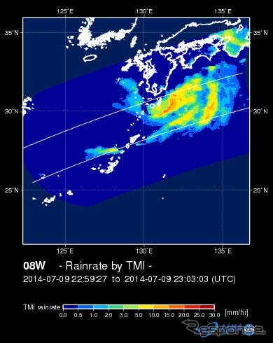 2014年7月10日、台風8号の九州・四国付近での降雨の様子をTRMM搭載の降水レーダー「PR」が観測した映像。