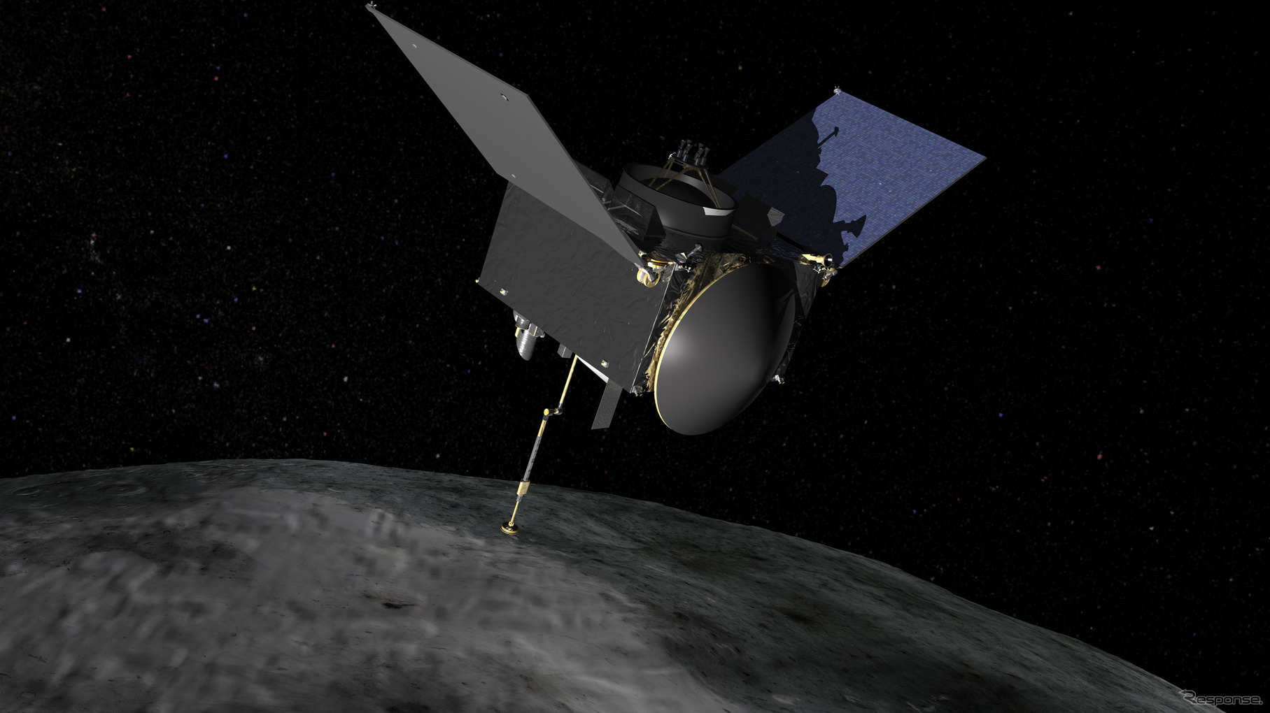 サンプル採取機構を展開して小惑星Bennuに降下するOSIRIS-REx