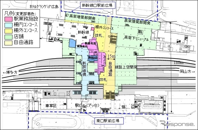 広島駅改良工事計画の平面図。今後は現在のこ線橋を撤去して自由通路の工事を進める。