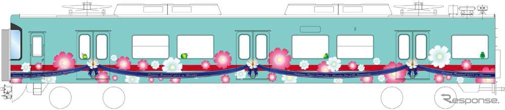 9月20日から運転を開始する「コスモス電車」車体側面のイメージ。7050形2両編成2本がラッピング車両になる。