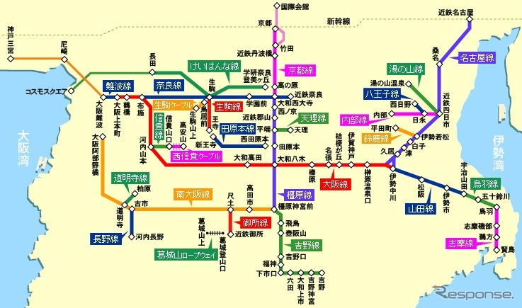 近鉄線の路線図。UQコミュニケーションズは近鉄奈良線の対策をもって近鉄線のWiMAXエリア整備を完了した。