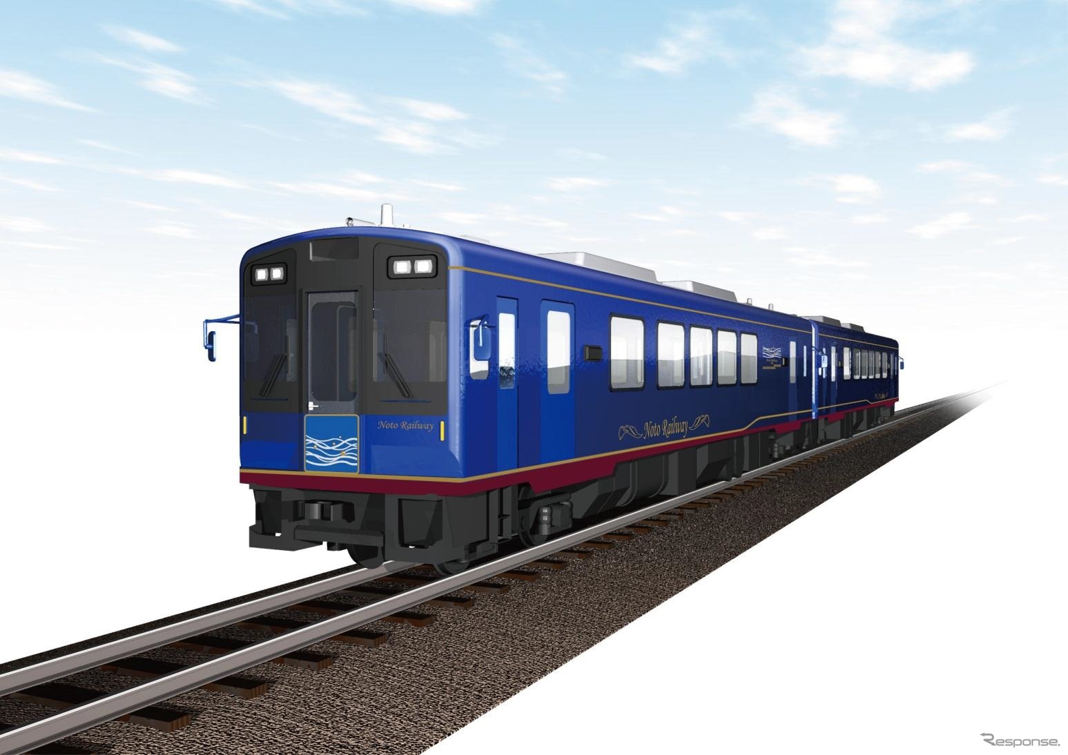 のと鉄道が導入する予定の増備車のイメージ。2015年4月29日から観光列車『のと里山里海号』として運行を開始する。