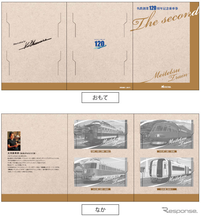 記念切符の専用台紙の表面と中面。中面には大河原邦男さんのプロフィールも掲載されている。