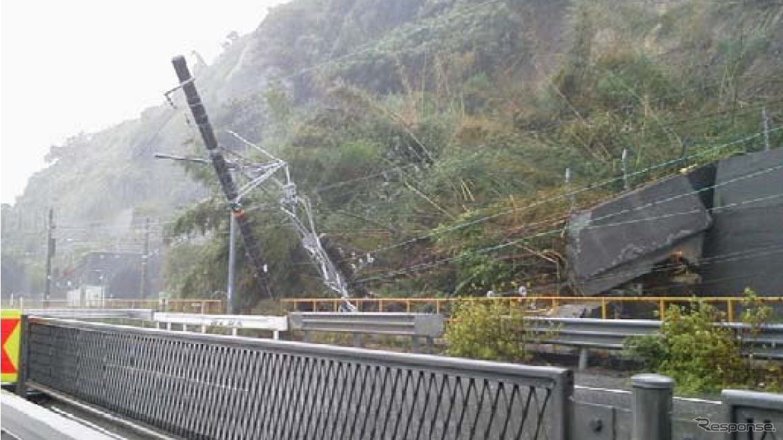 台風18号の影響で不通となった東海道本線由比～興津間。JR東海は「運転再開には相当日数を要する見込み」としている。