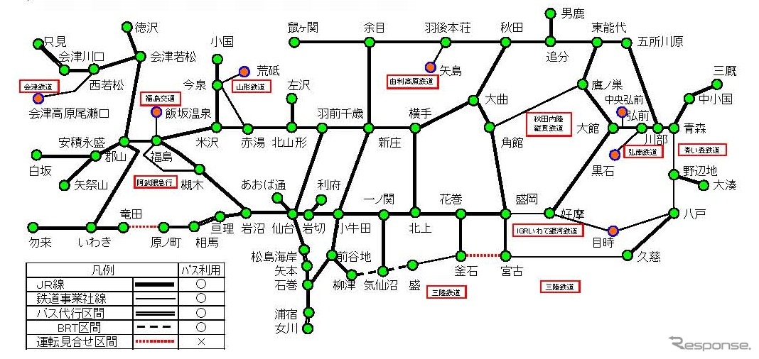 「東北ローカル線パス」の自由周遊区間。廃止となった岩泉線の代替バスはエリアから外れている。