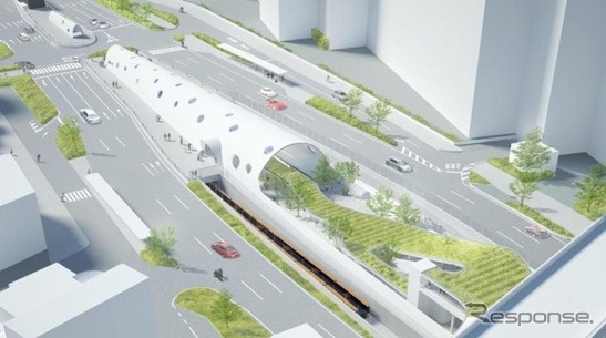 アストラムライン新白島駅の完成イメージ。山陽本線との交差部に設置し、乗換えできるようにする。