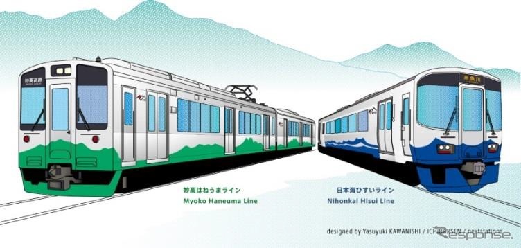 妙高はねうまラインはJR東日本からE127系電車（左）を譲り受けて運行。日本海ひすいラインにはET122形気動車（右）を新造して投入する。