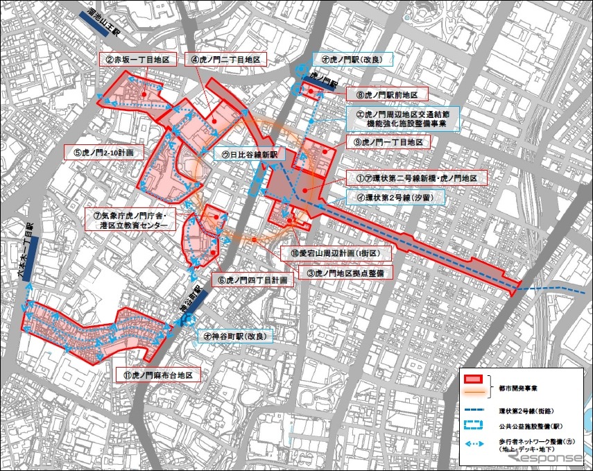 環状第二号線新橋・虎ノ門周辺地区の整備計画区域図。虎ノ門ヒルズ西側の桜田通りに日比谷線の新駅を整備する。銀座線虎ノ門駅や日比谷線神谷町駅の改良も行われる。