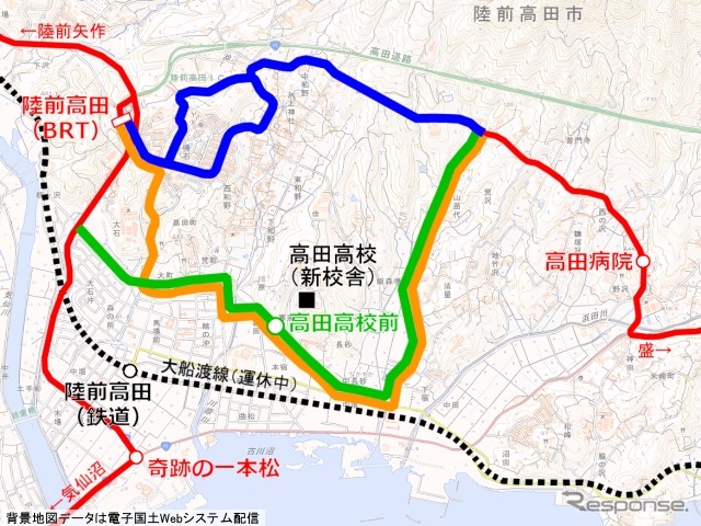 大船渡線BRTの陸前高田～高田病院間。現行ルート（青）は12月中旬から冬季ルート（オレンジ）に変更。2015年3月からさらにルートを一部変更（緑）し、高田高校前駅を新設する。