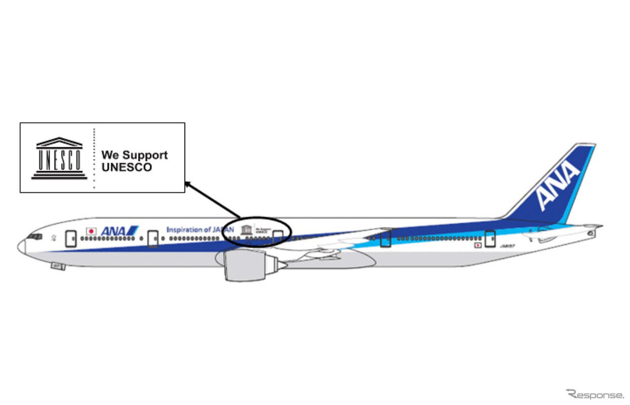 ANA、ユネスコのロゴをラッピングした機材で国際線を運航