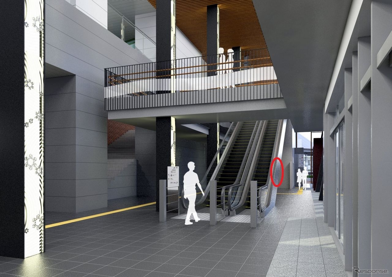 プレートは新幹線駅舎と一体的に整備される都市施設内のエスカレーター壁面（赤）に設置される予定だが、対象者が多いため設置場所を変更することも検討されている。