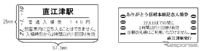 記念入場券のイメージ。経営移管区間を含む北長野～直江津間16駅の入場券をセットにする。