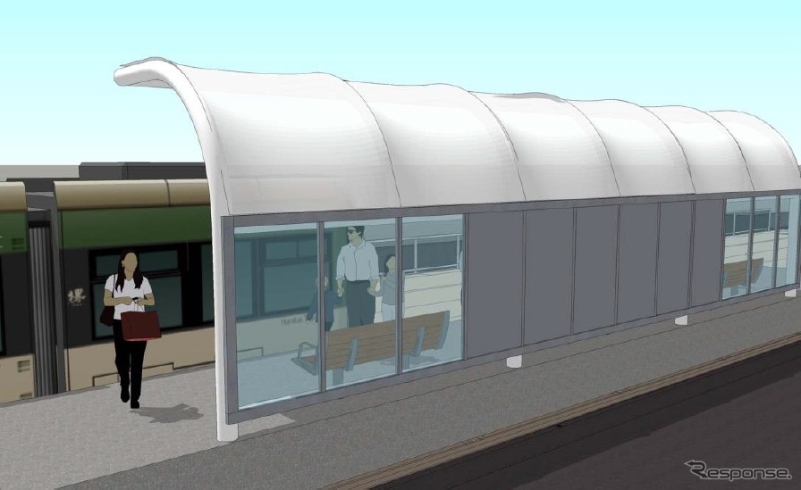 石津北停留場の完成イメージ（背面）。バリアフリー対応のスロープが設けられるほか、駐輪場も設置される。