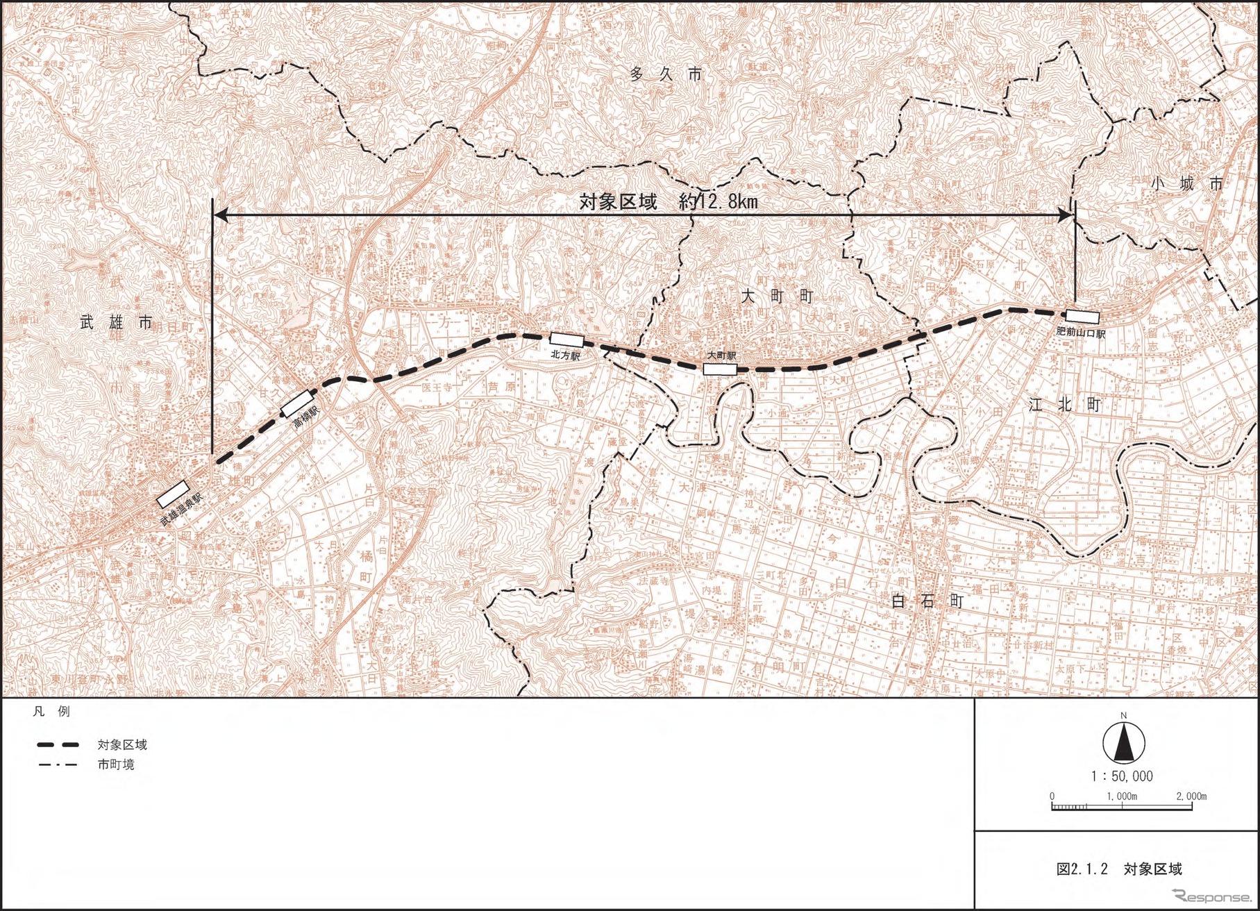 佐世保線複線化事業の対象区域（環境影響評価準備書より）。現在は単線となっている佐世保線肥前山口～武雄温泉間を複線化し、武雄温泉駅で九州新幹線西九州ルートの線路と接続させる。