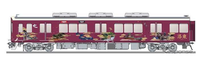 阪急は来年1月から「京都方面の名所旧跡を散りばめたラッピング列車」を京都線で運行する。画像は1両目の「洛東エリア車両」。清水寺などのイラストでラッピングされる。