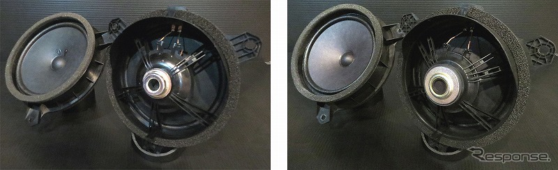 富士通テン・車載用軽量スピーカー　左：ネオジム磁石使用　右：フェライト磁石使用