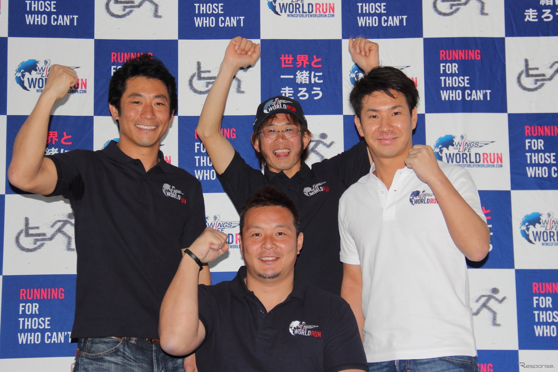 「Wings for Life World Run」アンバサダーに就任した室屋義秀（左）、京谷和幸（中央下）、砂田貴裕（中央上）、小林可夢偉（右）