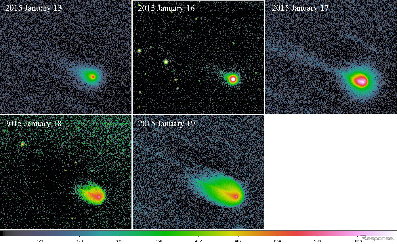 2回目のアウトバーストを起こしたフィンレー彗星の変化　1月16日の画像は石垣島天文台撮影、他は岡山天体物理観測所50cm望遠鏡撮影。