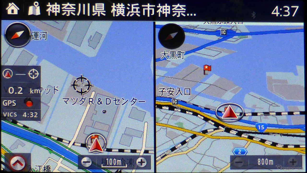地図の2画面表示では異なったスケール以外に3D表示も選べる