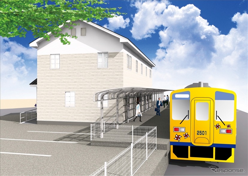 新しい南島原駅舎の完成イメージ。臨港道路の整備に伴い乗務区事務所を新しい駅舎内に移転する。