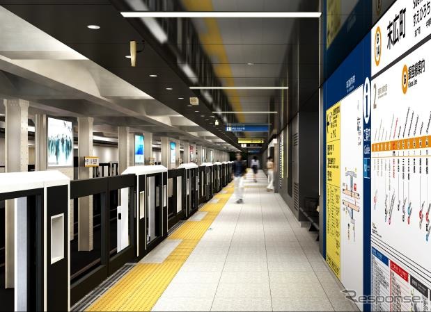 末広町駅（プラットホーム）：ディスプレイをイメージしたデザインでまとめる。
