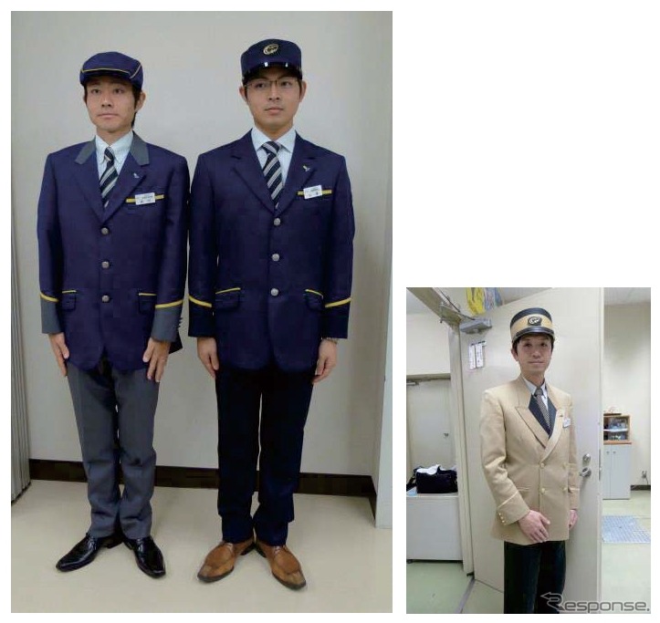 北越急行は3月14日の超快速『スノーラビット』運行開始にあわせ、制服も一新。現在の制服（右）は黄色を基調としたものだが、新制服（左）は青を基調色とする。