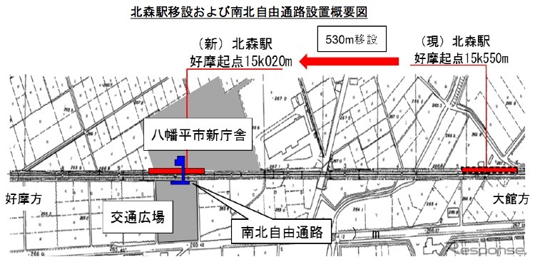 JR東日本盛岡支社は3月14日のダイヤ改正に合わせ、花輪線の北森駅を移設すると発表。新駅は八幡平市の新庁舎に隣接した場所となる