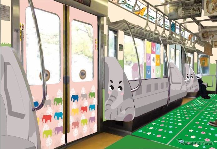 「新TamazooTrain」の内装イメージ。1号車からゾウ・トラ・シカ・ペリカンの順で動物のイラストを使った装飾を施す。