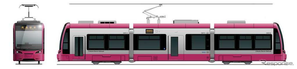 5000形は3車体2台車方式の超低床電車。車体の外観はピンクをベースにした塗装でまとめている。