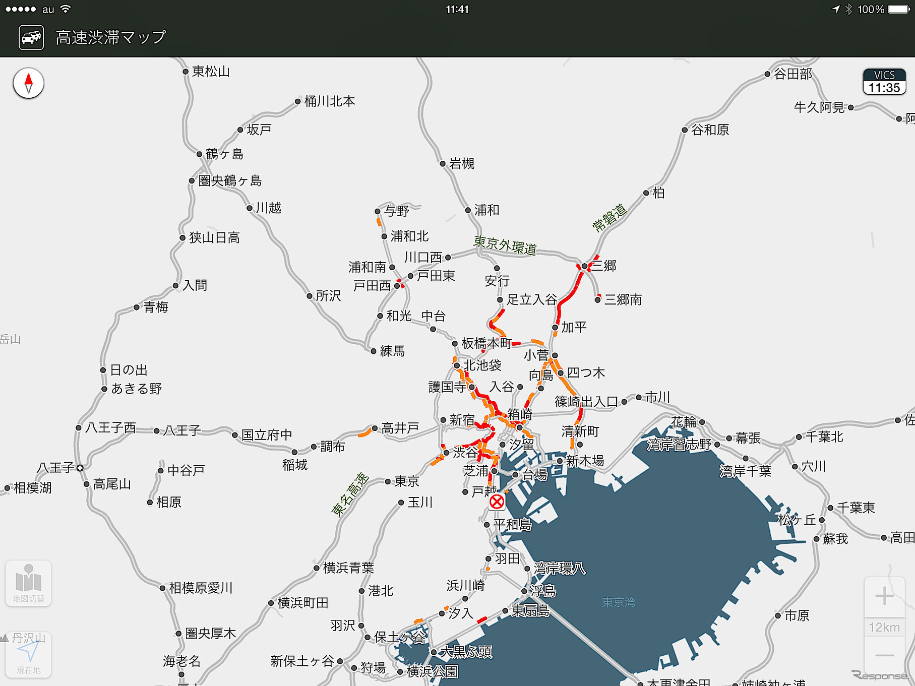 高速渋滞マップ。今の季節だとチェーン規制や雪による通行止めを確認するためにも非常に便利だ